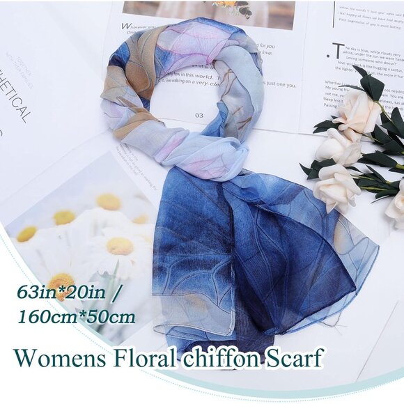Women's Blue Fashion Lightweight Head Scarf Floral Print Chiffon Scarves - Picture 2 of 7
